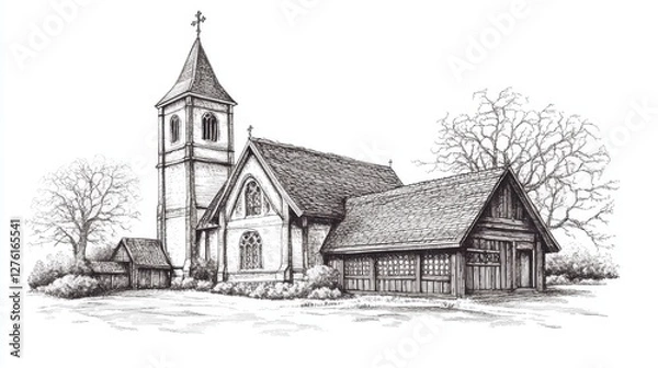Fototapeta  Hand Drawn Church Buildings, Vintage Architectural Vector Illustration of Religious Structures with Detailed Sketches of Cathedrals, Chapels, and Christian Landmarks in Traditional Art Style.