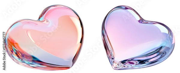 Obraz Two glossy glass hearts with soft pastel hues, reflecting light on a white background. Symbol of love, elegance, and romantic emotions