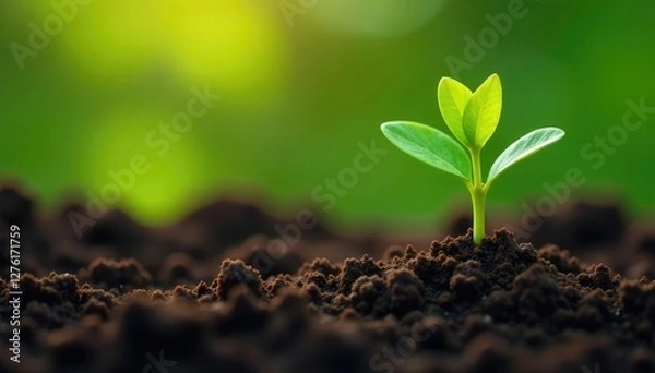 Fototapeta Tiny green shoot poking through earthy terrain, growth, garden