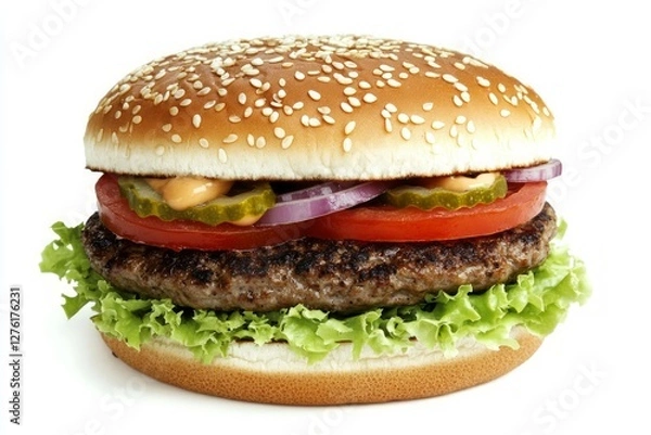 Fototapeta Cheeseburger on white background with lettuce and tomato. AI generated