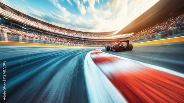 Fototapeta An image of racing track with car driving on it. Motion of track circuit in motion race. A blurred image of racing grandstand at the stadium. A picture of a racecourse featuring a car on it lifestyle.