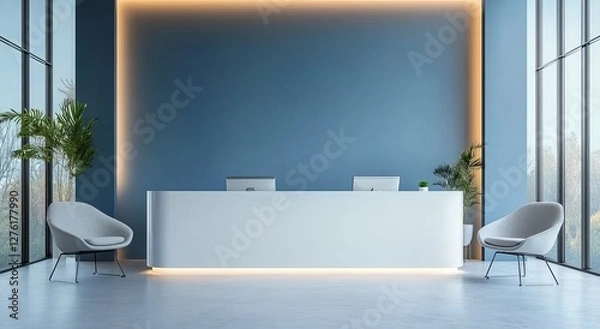 Fototapeta A modern reception desk with a white and curved design is set against an empty blue wall in the background. modern living room interior with fireplace
