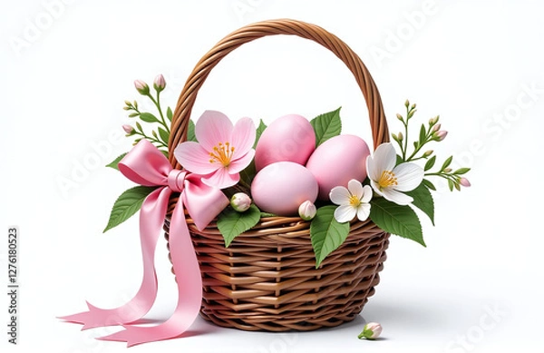 Fototapeta A Woven Easter Basket With Ribbons And Fresh Blossoms, White Background High Detail, Intricate Shading 00002