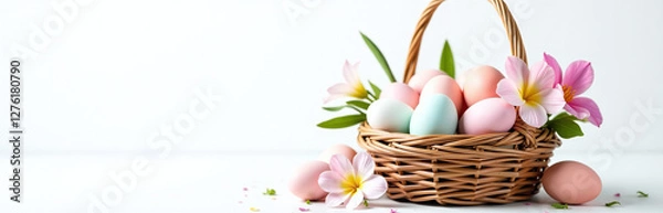 Fototapeta A Basket Filled With Pastel Colored Eggs And Fresh Flowers, White Background Complex Shading, Excessive Details 00001