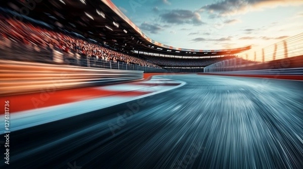 Fototapeta An image of racing track with car driving on it. Motion of track circuit in motion race. A blurred image of racing grandstand at the stadium. A picture of a racecourse featuring a lifestyle car on it.