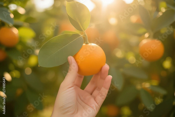 Fototapeta hand gently holds ripe orange on tree branch, with sunlight filtering through leaves, creating warm and inviting atmosphere in orchard
