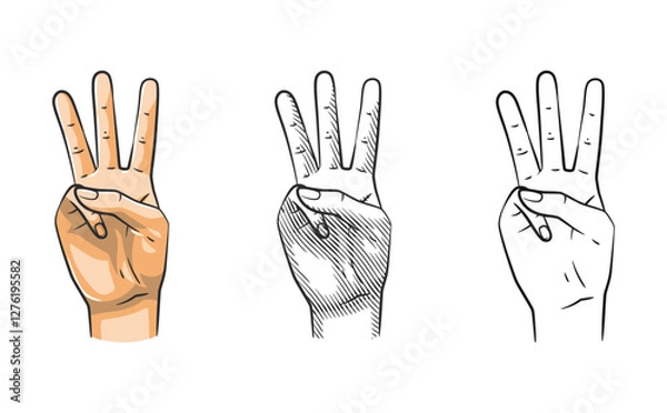 Fototapeta Hand Gesture Number Three Line Art Shaded Colored