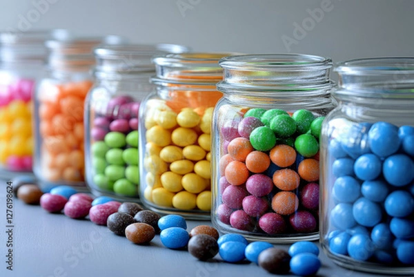 Fototapeta Colorful candy-coated chocolates in glass jars arranged in a row