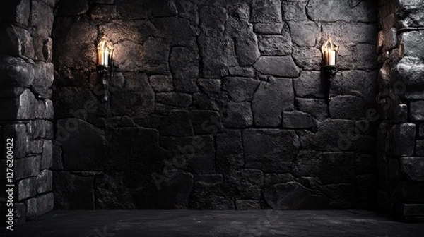Obraz Dark stone castle interior with lit candles