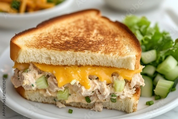 Obraz A tuna melt sandwich on golden, crispy sourdough bread, filled with creamy tuna salad topped with melted cheddar cheese