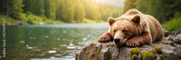 Fototapeta Brown bear sleeping on a rock by a peaceful lake