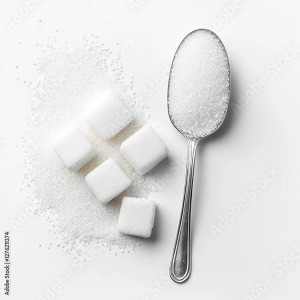 Obraz Sugar Cubes and Granulated Sugar on Spoon.