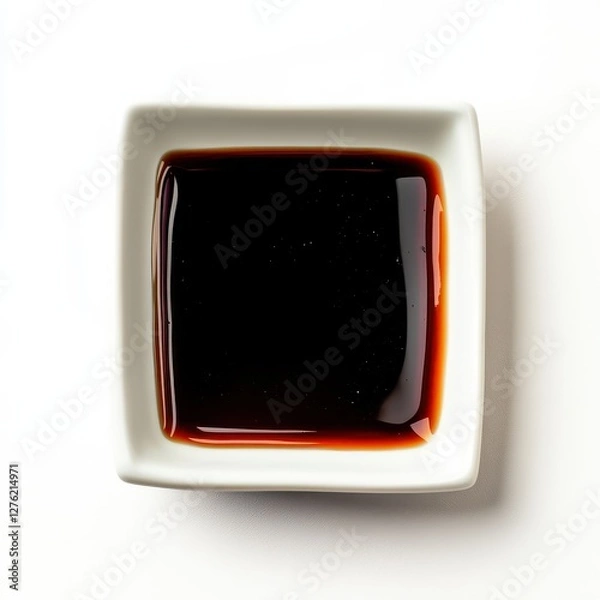 Obraz Overhead shot of dark soy sauce in a square white dish.