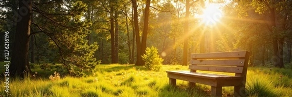 Fototapeta Wooden bench in a forest with golden sunlight filtering through trees