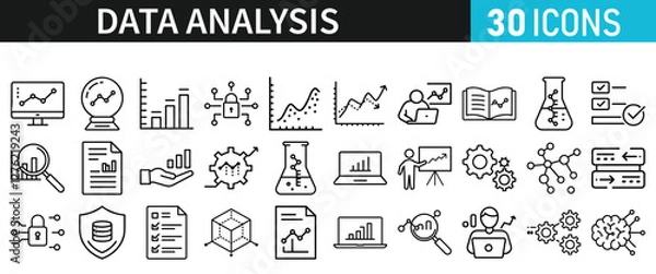 Obraz Data analysis set of icons for web. Data analytics icons in liner style. Bar Graphs, information, analysis, processing, research network collection, statistics, analytics, collection