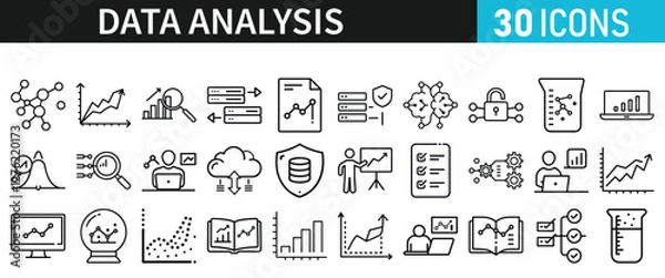 Fototapeta Data analysis set of icons for web. Data analytics icons in liner style. Bar Graphs, information, analysis, processing, research network collection, statistics, analytics, collection
