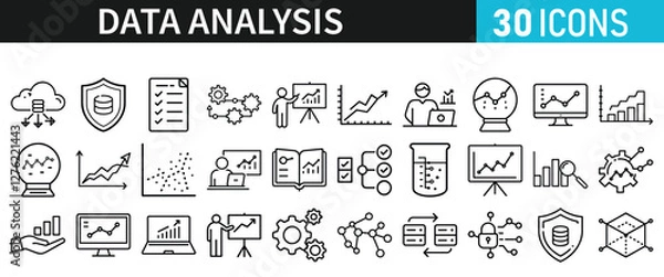 Fototapeta Data analysis set of icons for web. Data analytics icons in liner style. Bar Graphs, information, analysis, processing, research network collection, statistics, analytics, collection