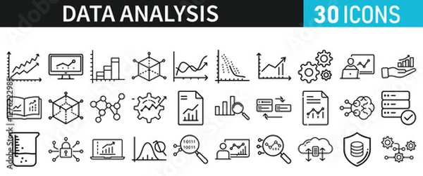 Fototapeta Data analysis set of icons for web. Data analytics icons in liner style. Bar Graphs, information, analysis, processing, research network collection, statistics, analytics, collection