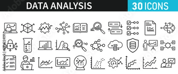 Fototapeta Data analysis set of icons for web. Data analytics icons in liner style. Bar Graphs, information, analysis, processing, research network collection, statistics, analytics, collection