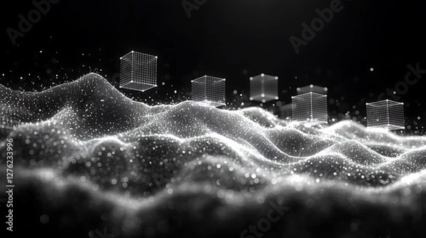 Fototapeta Abstract digital landscape with floating cubes