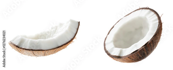 Fototapeta Fresh coconut slices displaying the rich texture and color of the interior fruit., transparent background.