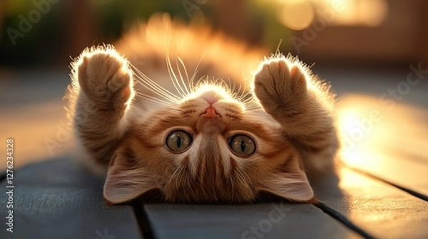 Fototapeta Kitten playing upside down, sunset garden, deck