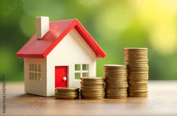 Fototapeta Model house with stacks of coins, symbolizing real estate investment and financial growth for homeowners and investors . Selective focus, blurred background.