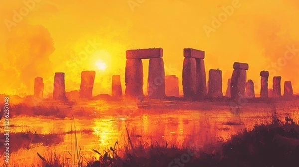 Fototapeta Orange sunset over ancient stone structures reflecting on calm water, pixel art style, warm tones, prehistoric monument.