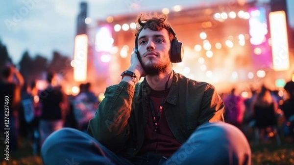 Fototapeta Social media rumors affecting a man at a music concert. Featuring distraction and concern