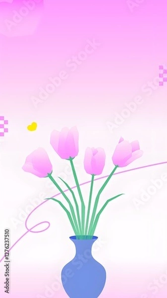 Obraz Illustration of pink tulips in blue vase on pastel pink backdrop. Ideal for greeting cards, scrapbooking, book art, wallpapers. 