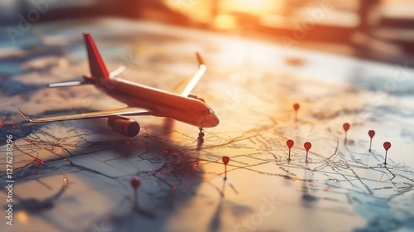 Obraz Airplane model on world map with pins, sunset.