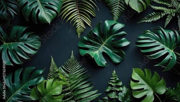 Fototapeta Tropical Greenery Background with Monstera, Palm, and Fern Leaves Displayed in a Flat Lay Arrangement Ideal for Nature-Themed Designs.