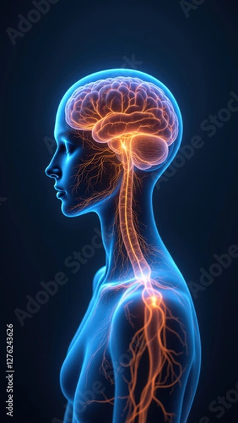 Fototapeta Image of a human head with highlighted brain and central nervous system for VNS, vagus nerve stimulation.