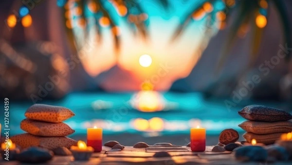 Obraz Abstract Blur Background of a Tranquil Beach at Sunset with Candles and Soft Bokeh Effect Ideal for Relaxation Themes and Text Space.