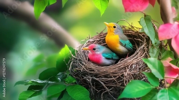Fototapeta Bird in nest on tree in Spring.