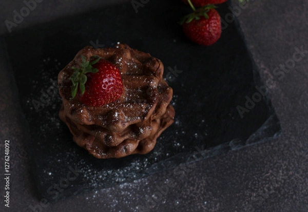 Fototapeta dessert pastry chocolate waffles with strawberries on a dark background