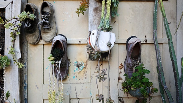 Fototapeta Old shoes creatively reused as succulent planters on a rustic wooden wall with peeling paint surrounded by vibrant greenery and cacti.