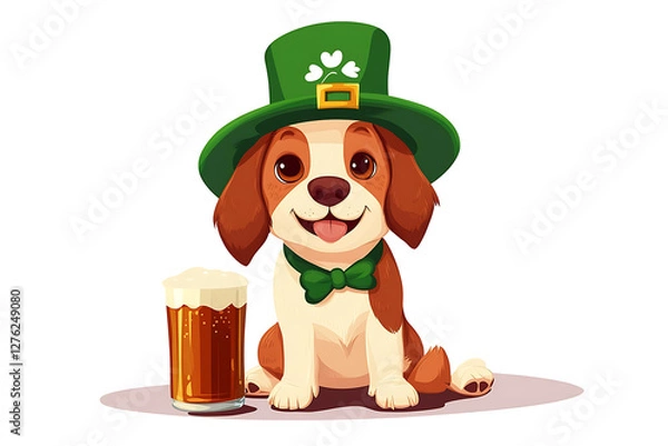 Fototapeta Adorable dog wearing a green hat and bow tie, sitting beside a frothy beer on a festive background