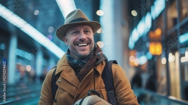 Fototapeta Cheerful traveler in a stylish coat and hat, walking through a modern train station filled with bright lights