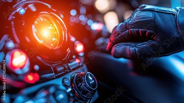 Fototapeta A close-up of a hand in a black glove adjusting a futuristic control panel illuminated by vibrant red and orange lights.