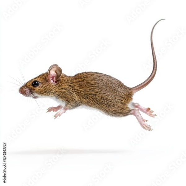 Fototapeta A brown mouse is running across a white background