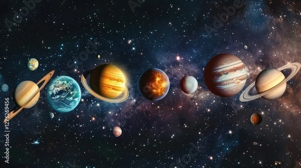 Fototapeta A stunning depiction of the solar system showing planets in alignment against a cosmic backdrop