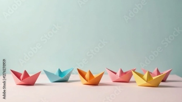 Fototapeta A fleet of pastel-colored origami boats arranged on a soft pink surface against a serene aqua backdrop, symbolizing a journey of creativity and imagination.
