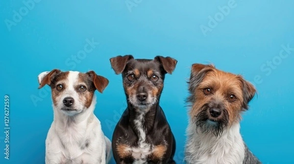 Fototapeta Three adorable dogs posing against a bright blue background, showcasing their unique expressions and personalities