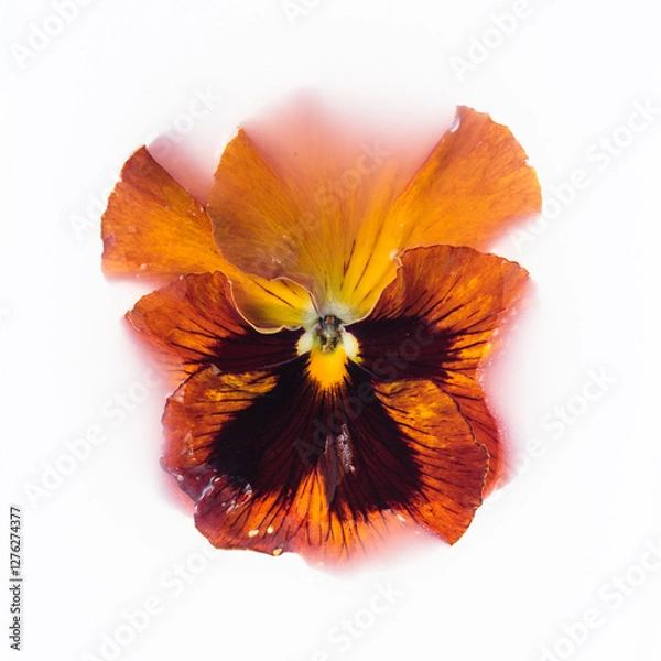 Obraz Colorful pansy flower isolated on white background. Yellow, orange-red flower immersed in white liquid.