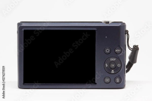 Obraz Blue digital camera from back, isolated on white, black empty screen