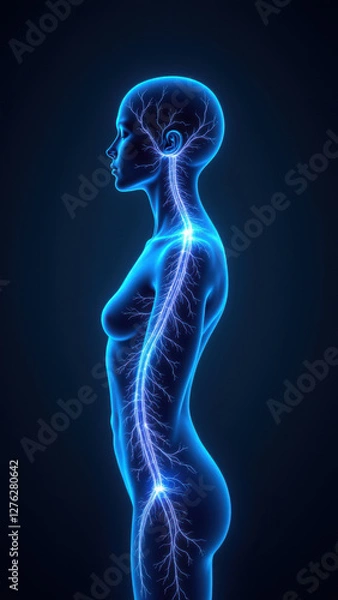 Fototapeta Image depicts a detailed anatomical representation of human body with emphasis on neural pathways, especially the Vagus Nerve Stimulation.