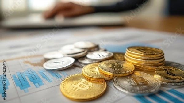 Fototapeta Gold and silver coins strategically placed on financial charts with a laptop in the background highlighting modern investment dynamics and market trends.