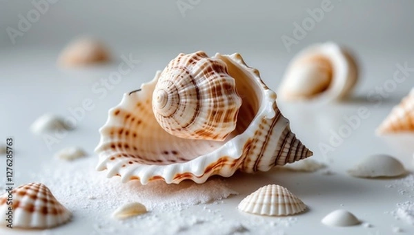 Fototapeta Colorful seashells on a light background with fine sand creating a marine still life composition