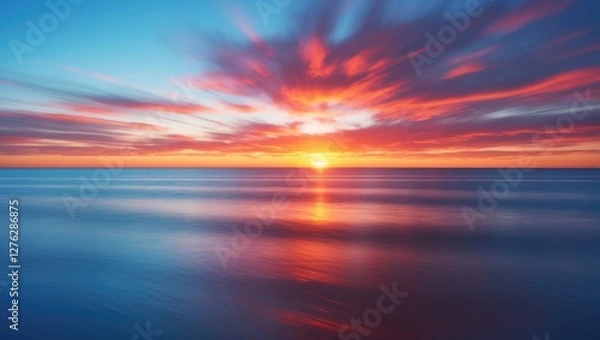 Fototapeta Vibrant sunset over calm ocean waters with colorful cloud patterns and reflective sunlight on the surface creating a serene atmosphere